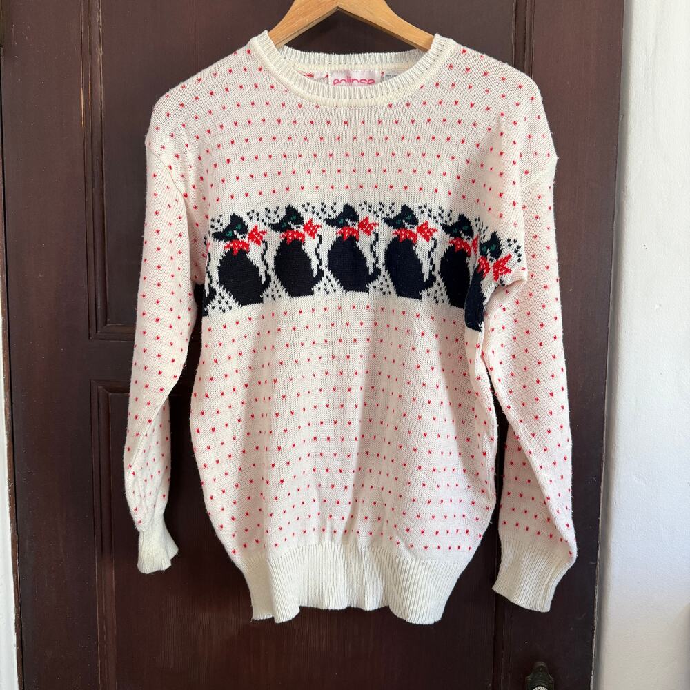 80s Vintage Cat Sweater Eclipse Los Angeles Black Red and White Medium